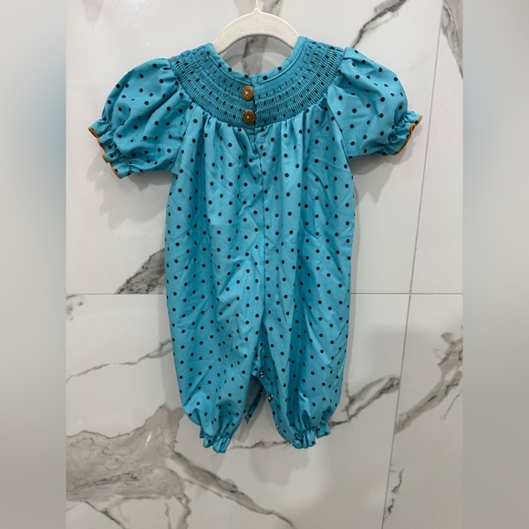 Blue Polka Dot Smocked Romper with Pumpkin Embroidery - Picture 5 of 5